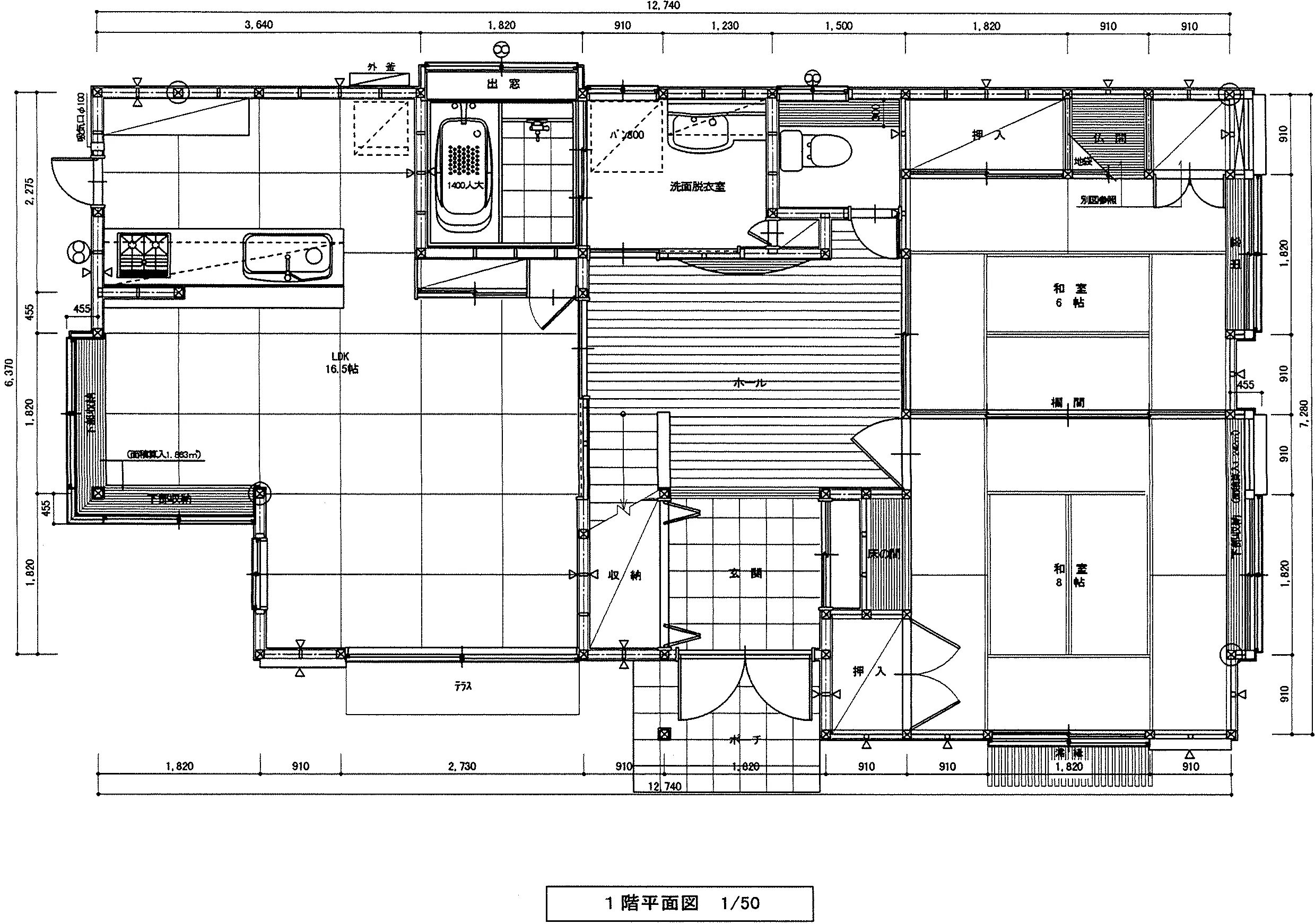 45.02坪 5LDK + 納戸 (南玄関) 1F 平面図原本