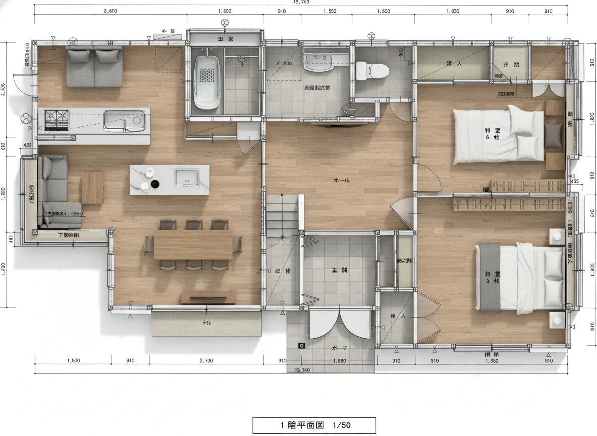 45.02坪 5LDK + 納戸 (南玄関) 3Dパース鳥瞰