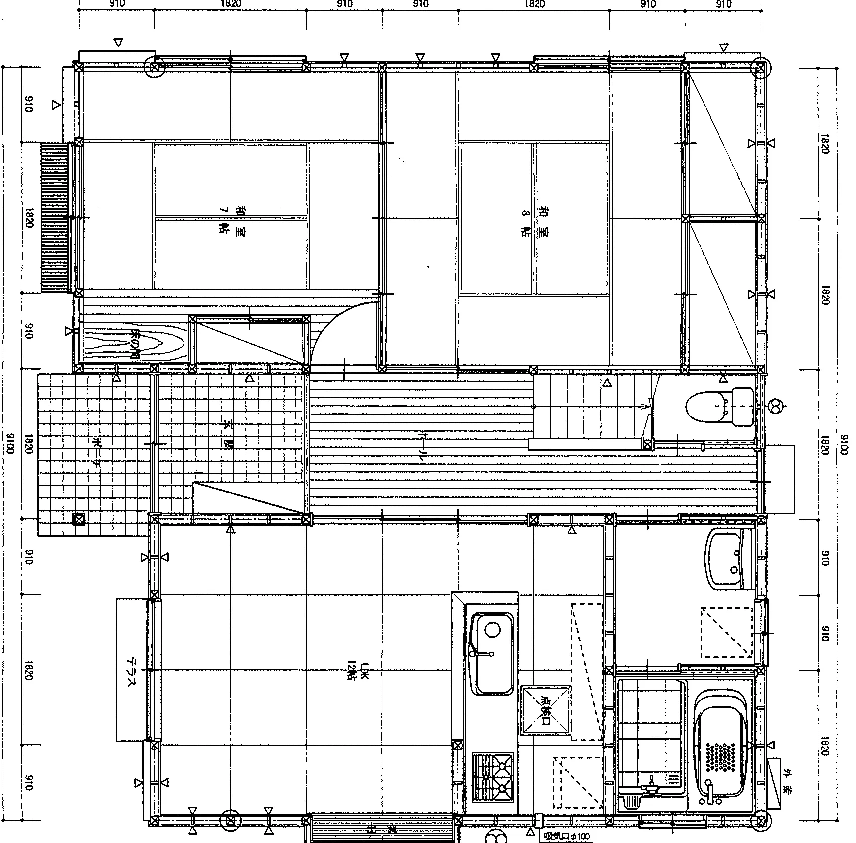 39.19坪 4LDK（和室8帖、和室7帖、洋室14帖、洋室12帖、LDK12帖） (南玄関) 1F 平面図原本