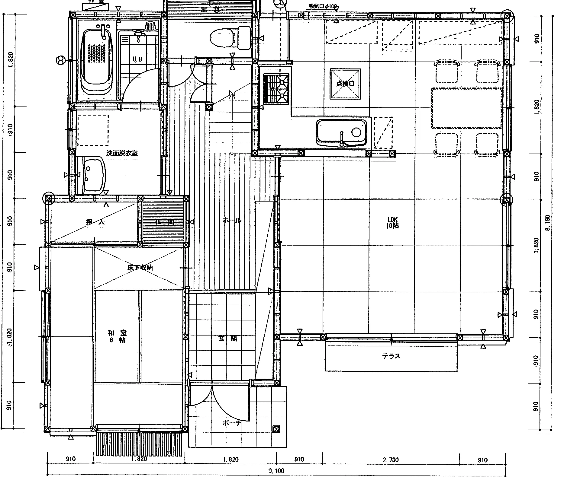 30.44坪 3LDK + 小屋裏収納 (南玄関) 1F 平面図原本