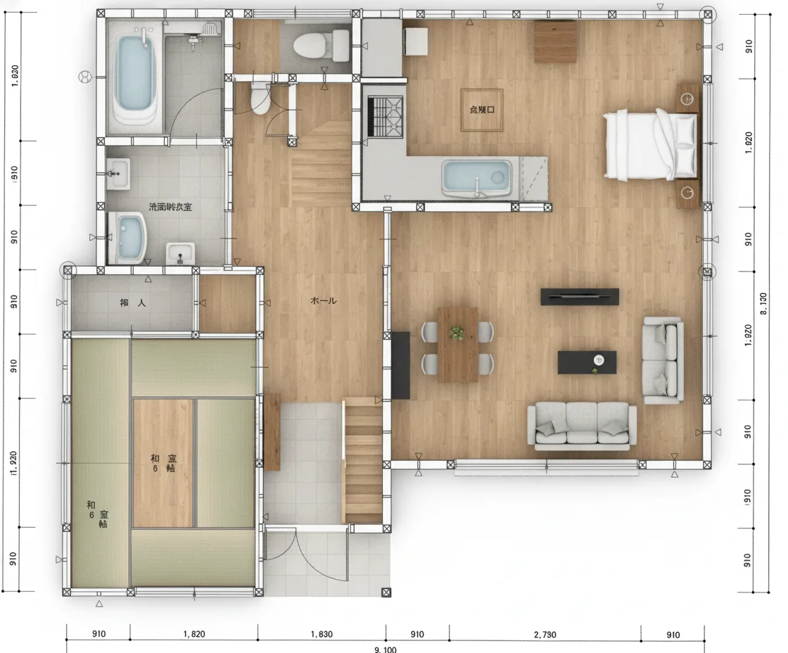 30.44坪 3LDK + 小屋裏収納 (南玄関) 3Dパース鳥瞰