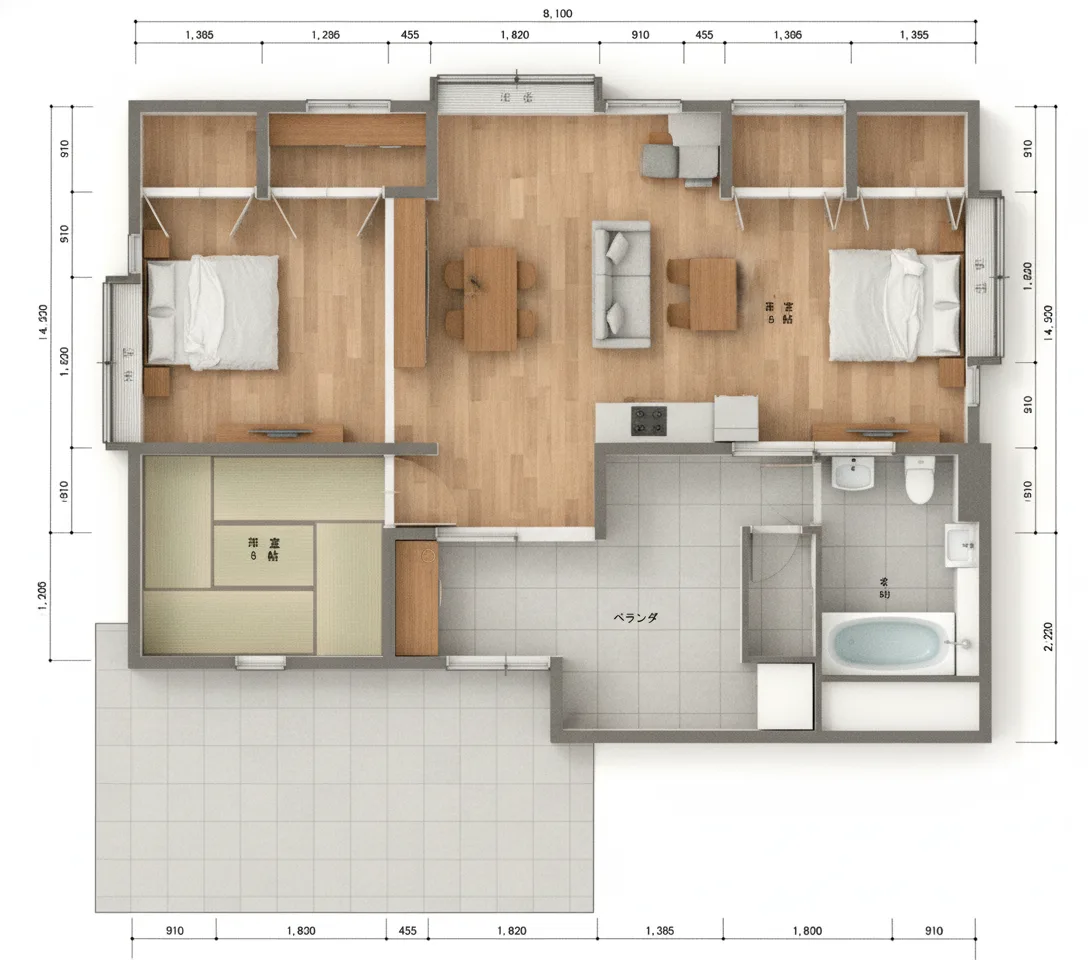 30.44坪 3LDK + 小屋裏収納 (南玄関) 2F 3Dパース鳥瞰