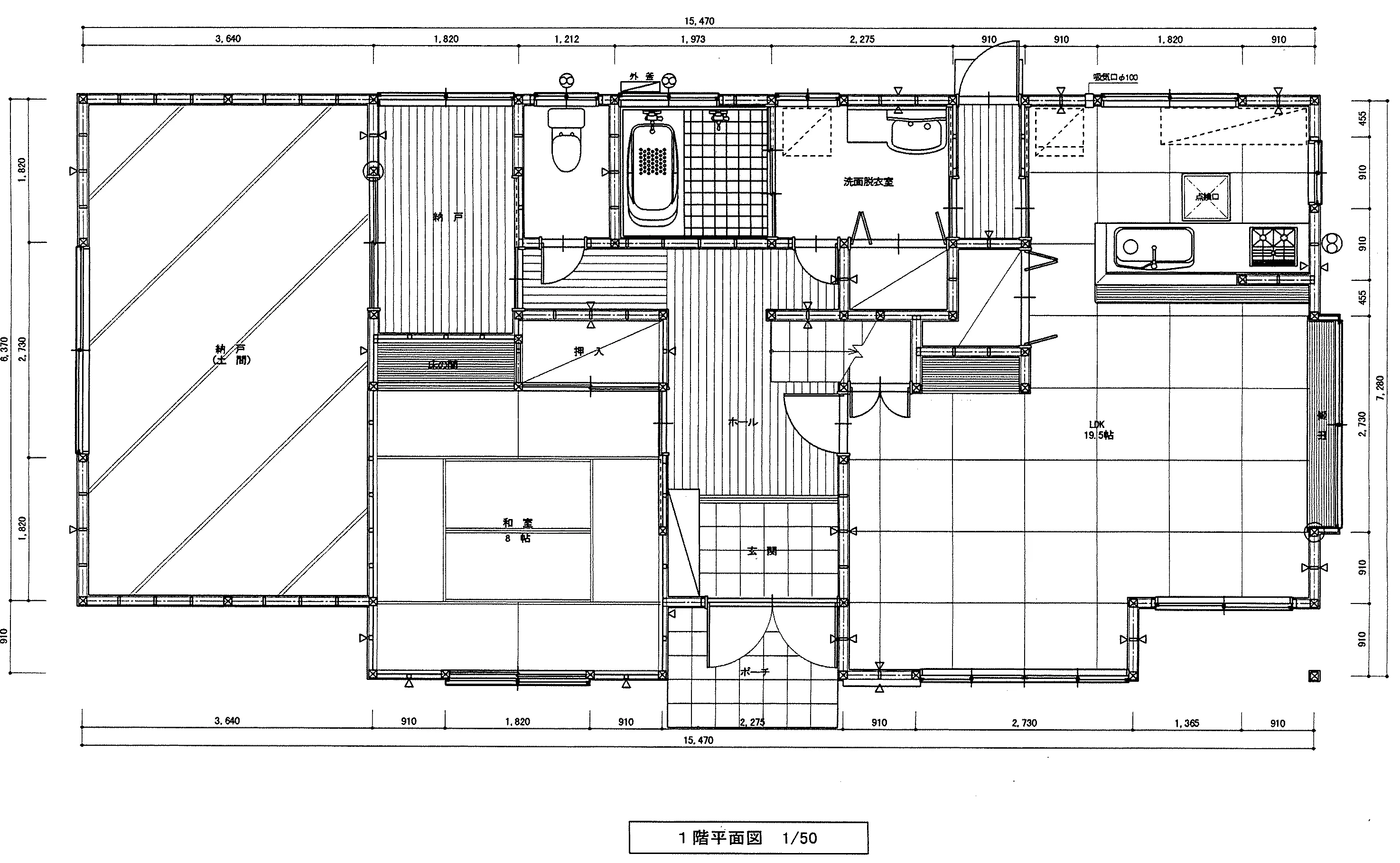 50.84坪 4LDK + ガレージ (南玄関) 1F 平面図原本