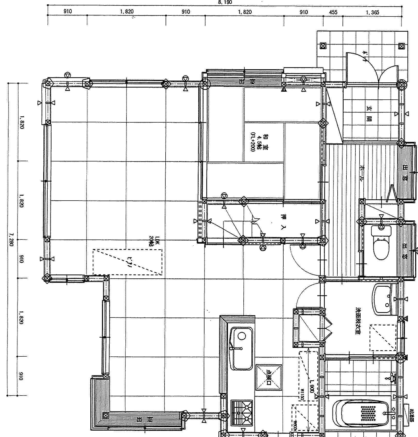 30.43坪 4LDK（LDK 20帖, 和室 4.5帖, 和室 6帖, 洋室 6帖, 洋室 4.5帖） (南玄関) 1F 平面図原本