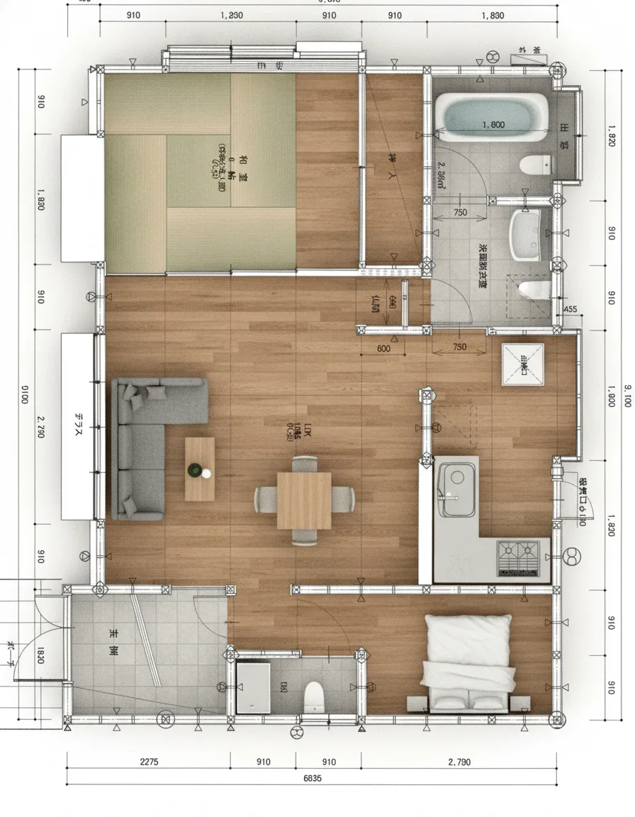 31.3坪 4LDK (南玄関) 3Dパース鳥瞰