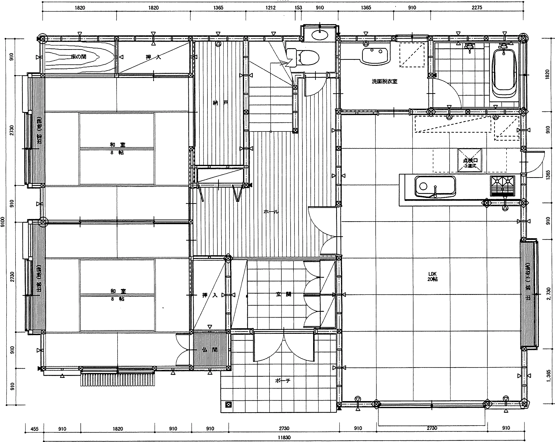 51.34坪 4LDK + 和室8帖×2 (南玄関) 1F 平面図原本