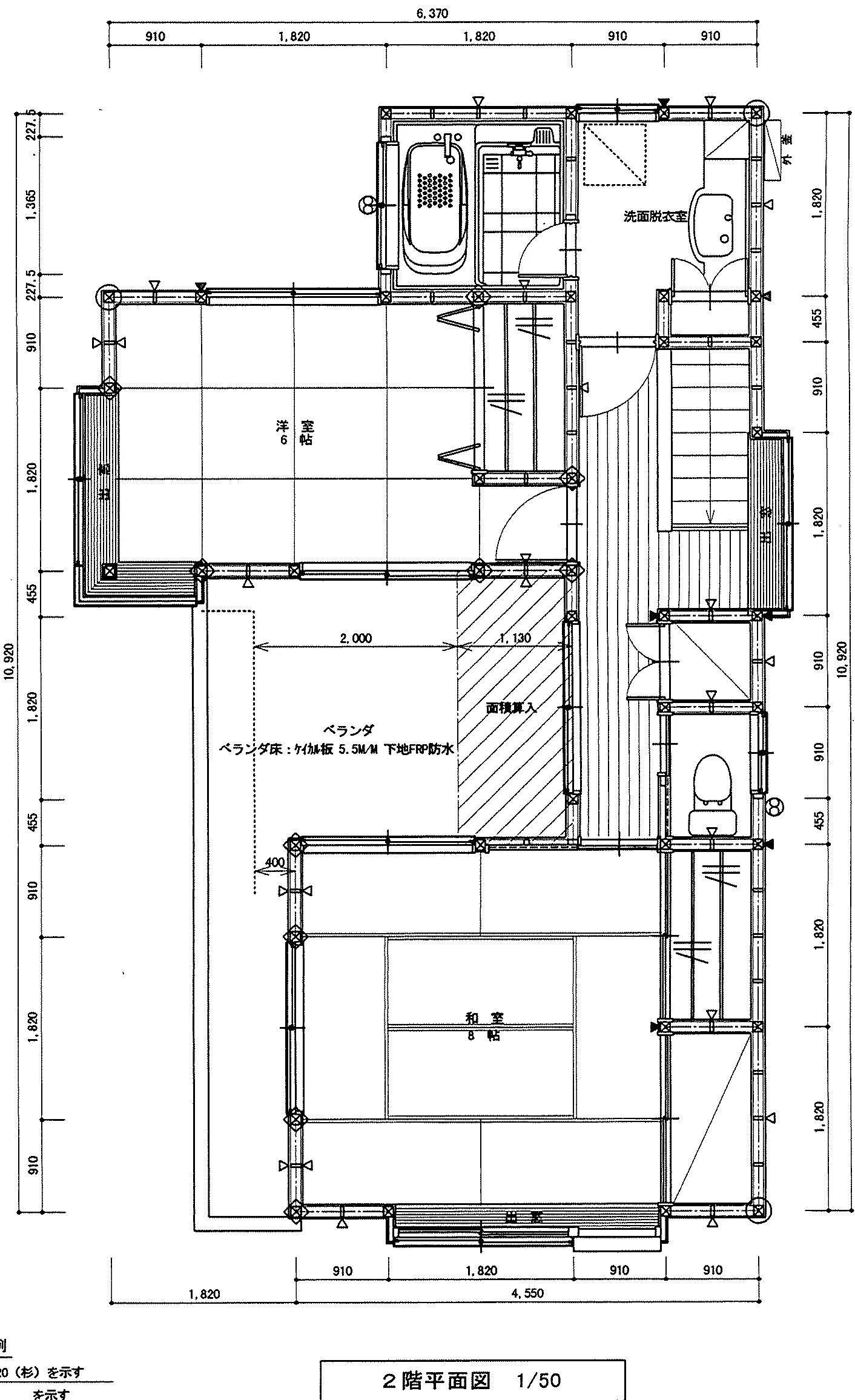 30.74坪 3LDK（洋室6帖×2、和室8帖、LDK17.5帖） (北玄関) 2F 平面図原本