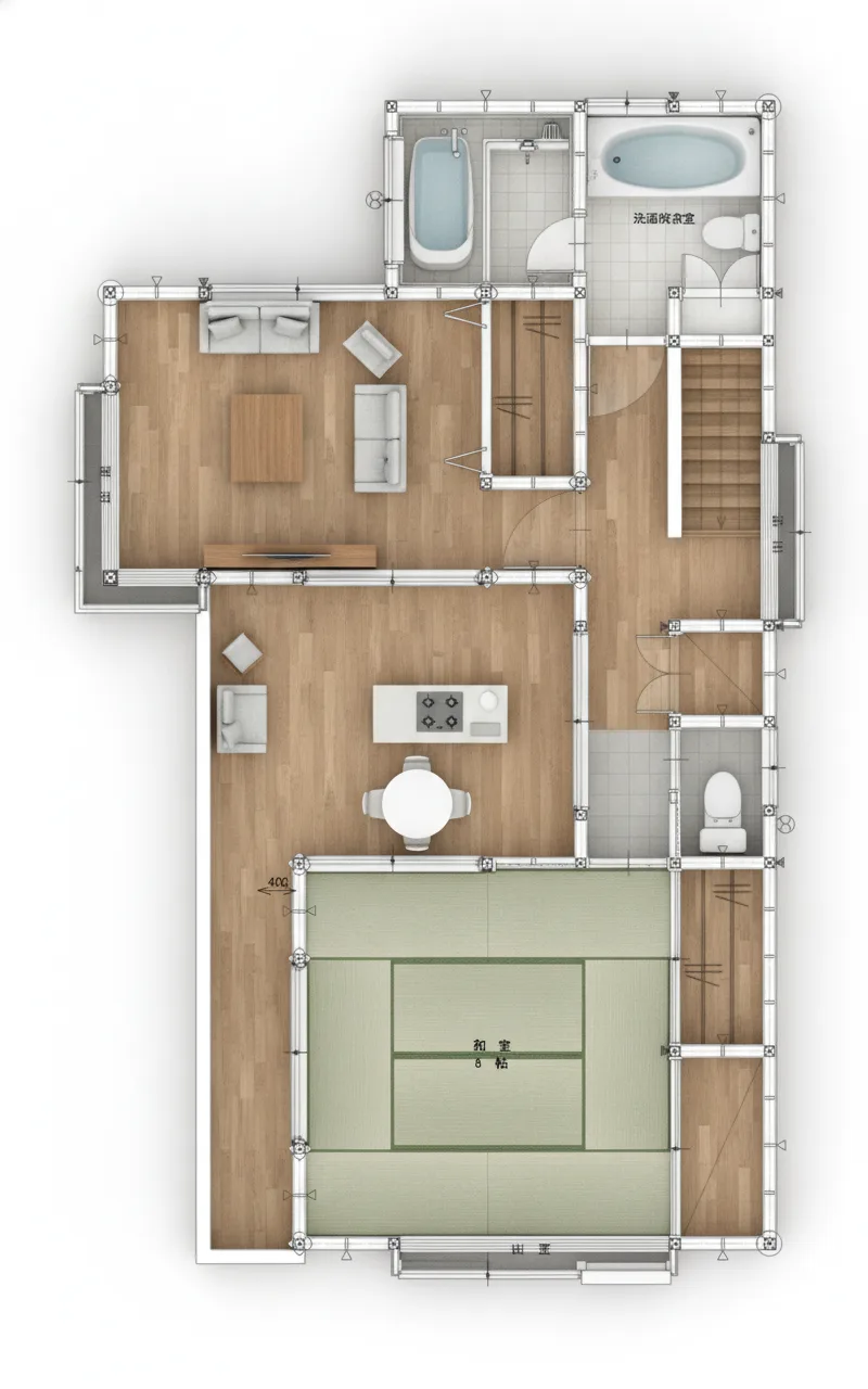 30.74坪 3LDK（洋室6帖×2、和室8帖、LDK17.5帖） (北玄関) 2F 3Dパース鳥瞰