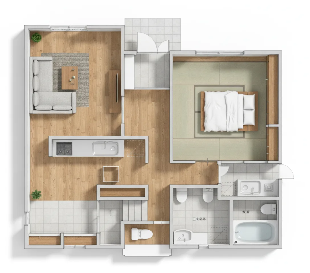 38.07坪 4LDK + 小屋裏収納 (南玄関) 3Dパース鳥瞰