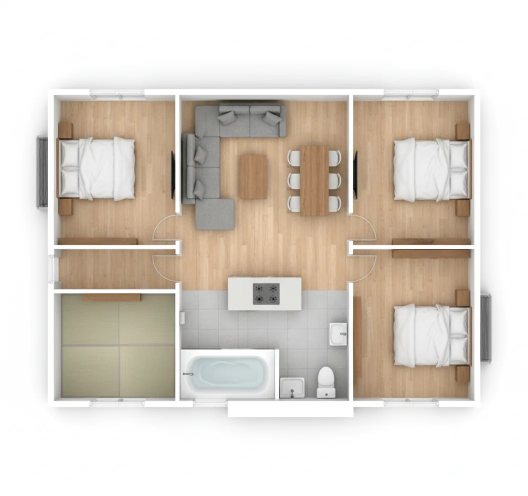 38.07坪 4LDK + 小屋裏収納 (南玄関) 2F 3Dパース鳥瞰