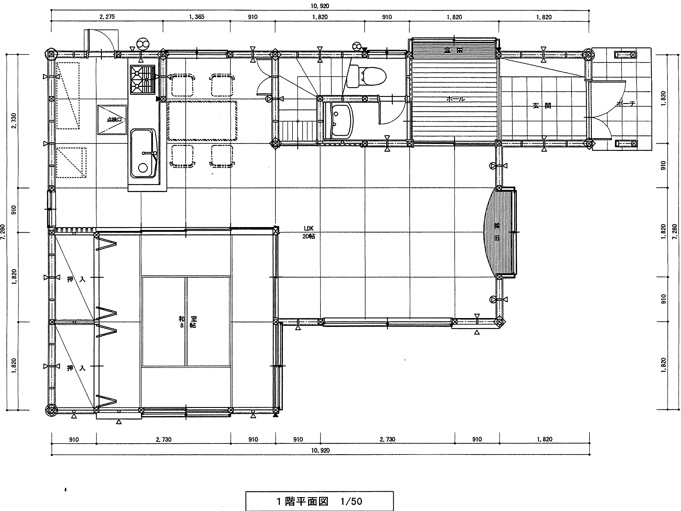 35.06坪 3LDK + 和室8帖 (東玄関) 1F 平面図原本