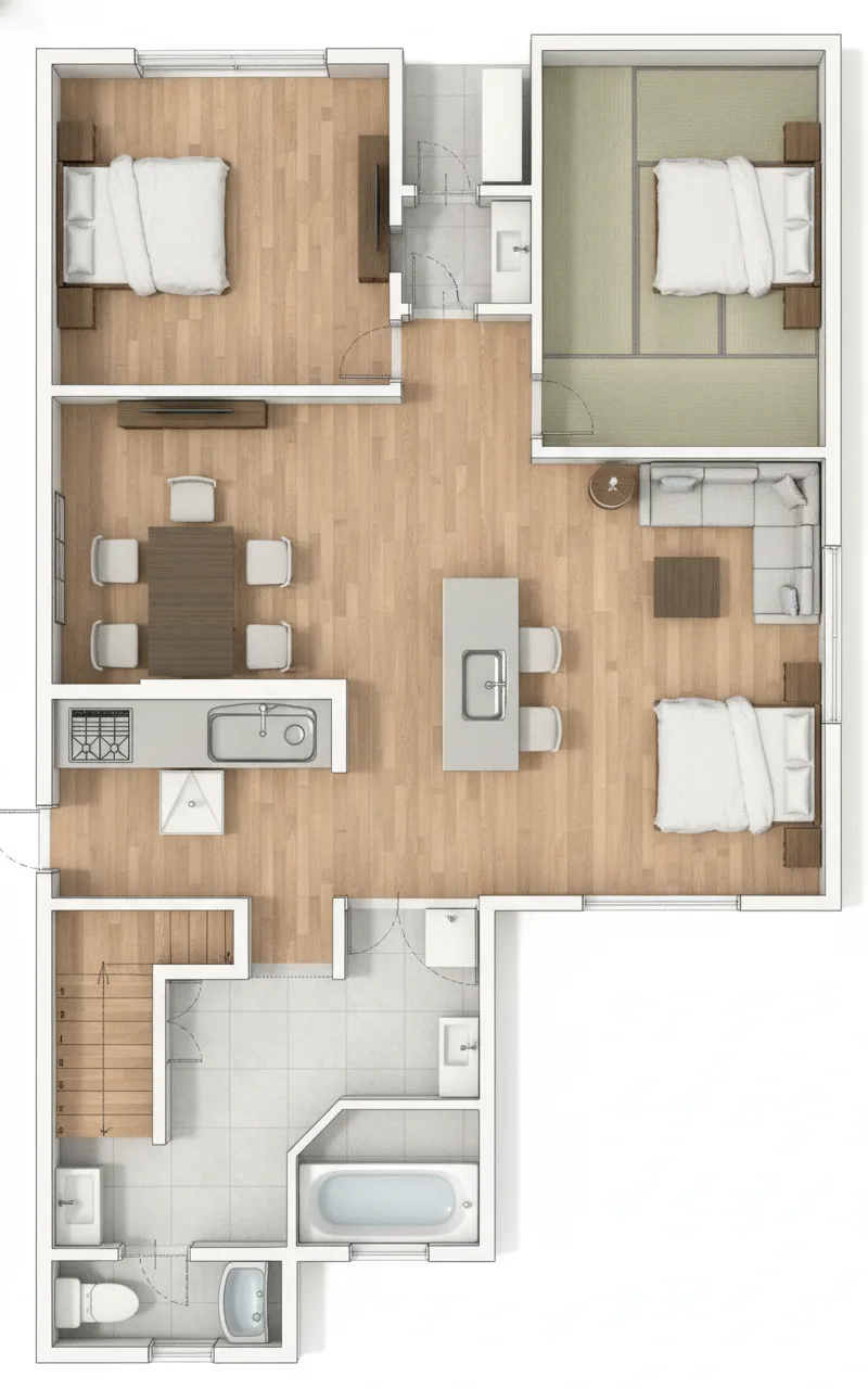 44.08坪 4LDK + 納戸 + 小屋裏収納 (東玄関) 3Dパース鳥瞰