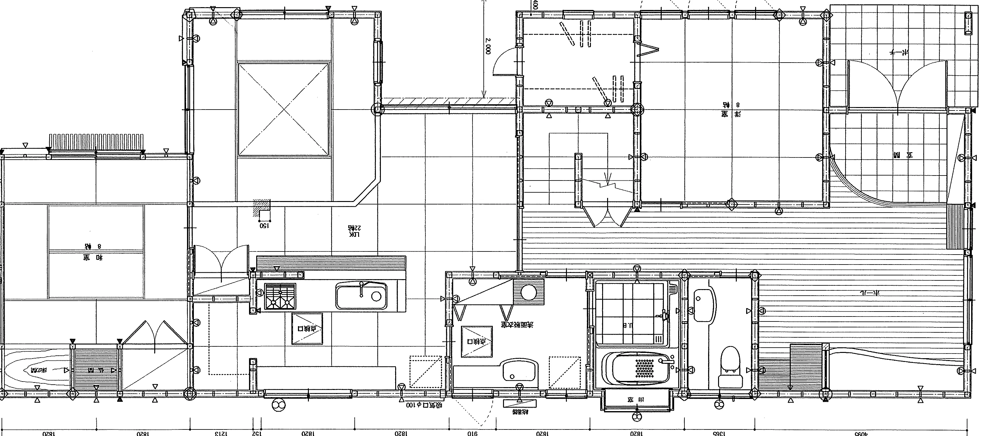 54.78坪 1F: LDK 22帖 + 和室 8帖 + 洋室 8帖 (南玄関) 1F 平面図原本