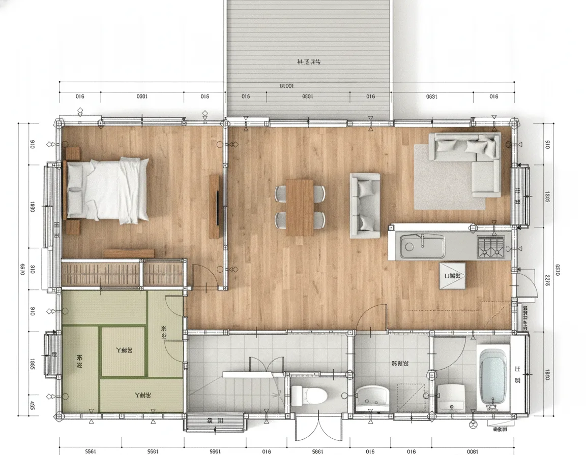 31.05坪 3LDK + 和室8帖 + 納戸 + 小屋裏収納 (東玄関) 3Dパース鳥瞰