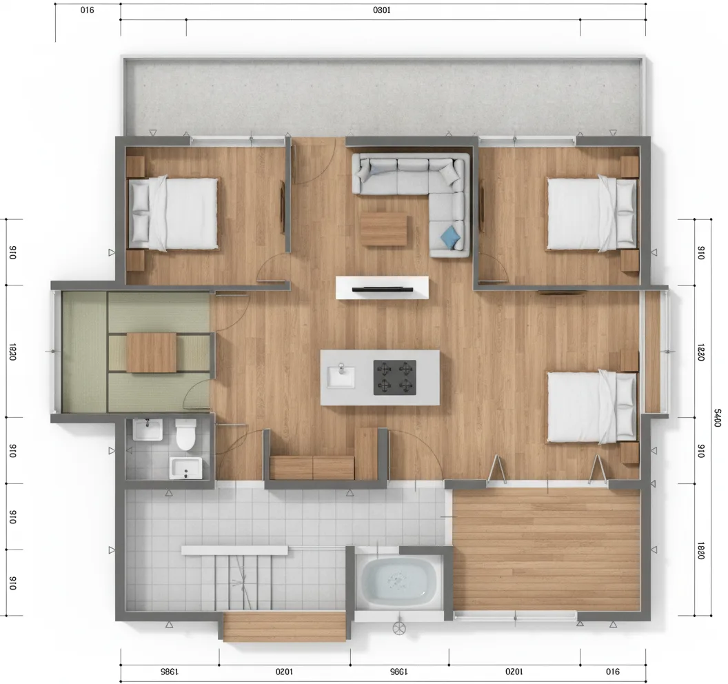 31.05坪 3LDK + 和室8帖 + 納戸 + 小屋裏収納 (東玄関) 2F 3Dパース鳥瞰