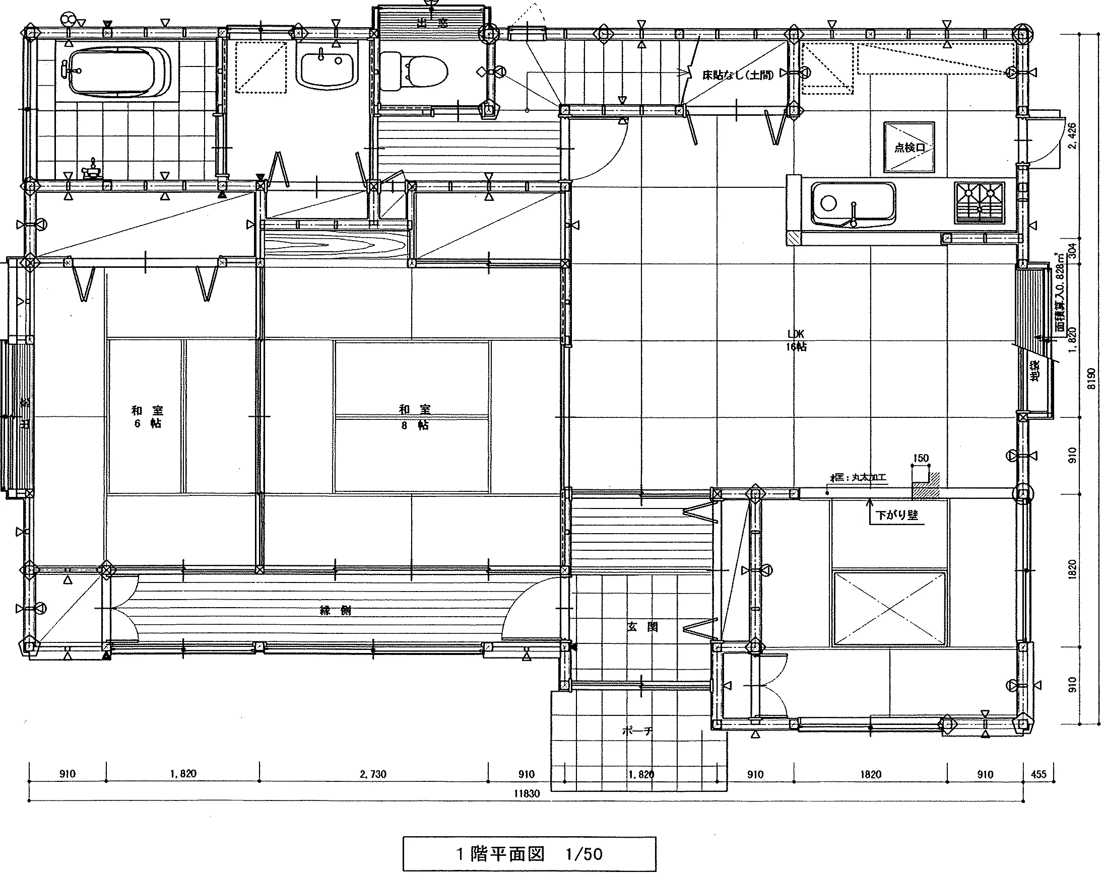 40.58坪 4LDK (東玄関) 1F 平面図原本