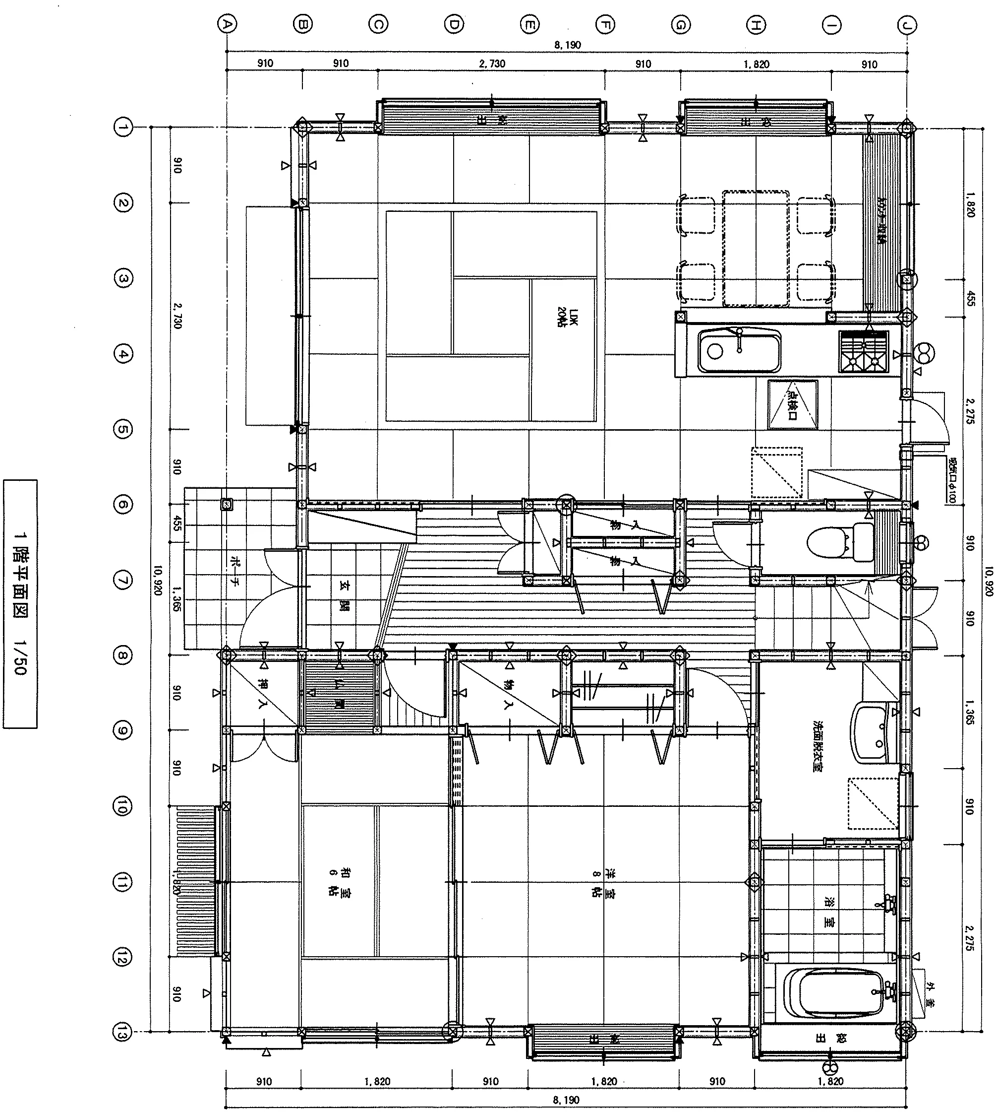 38.07坪 4LDK（和室6帖 + 洋室8帖 + 洋室6帖 + 洋室11帖） (南玄関) 1F 平面図原本