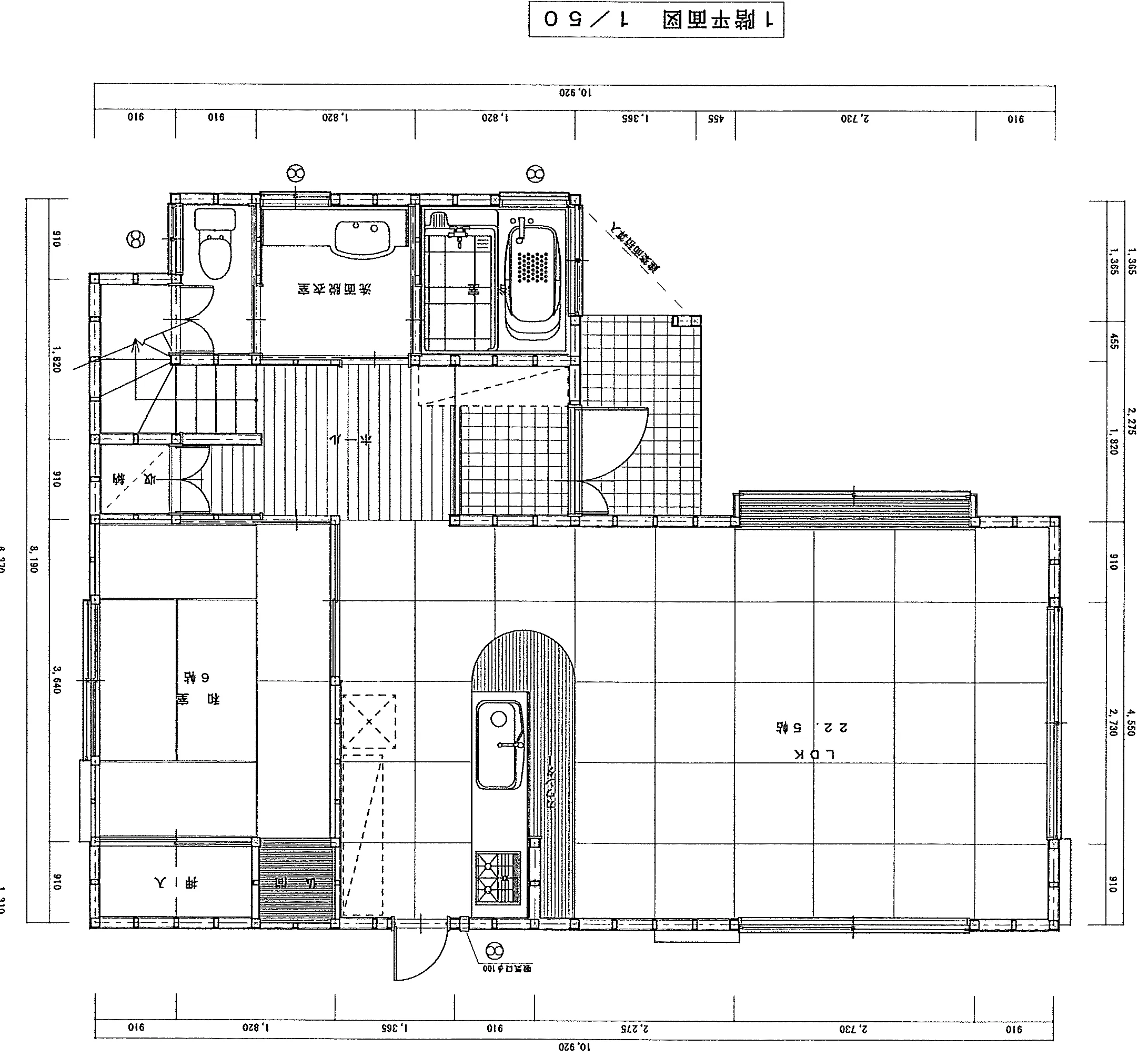 31.31坪 3LDK + 和室6帖 + ウォークインクローゼット + 小屋裏収納 (西玄関) 1F 平面図原本