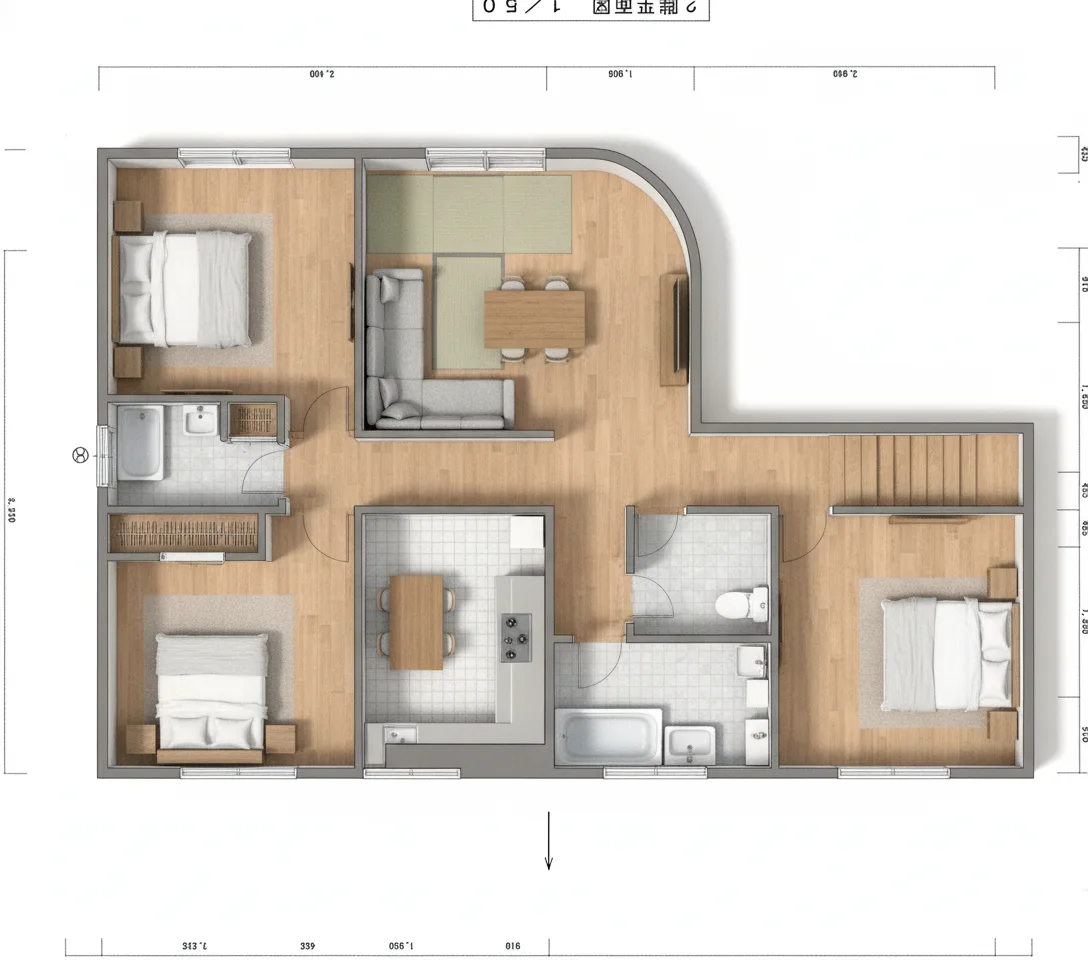 31.31坪 3LDK + 和室6帖 + ウォークインクローゼット + 小屋裏収納 (西玄関) 2F 3Dパース鳥瞰