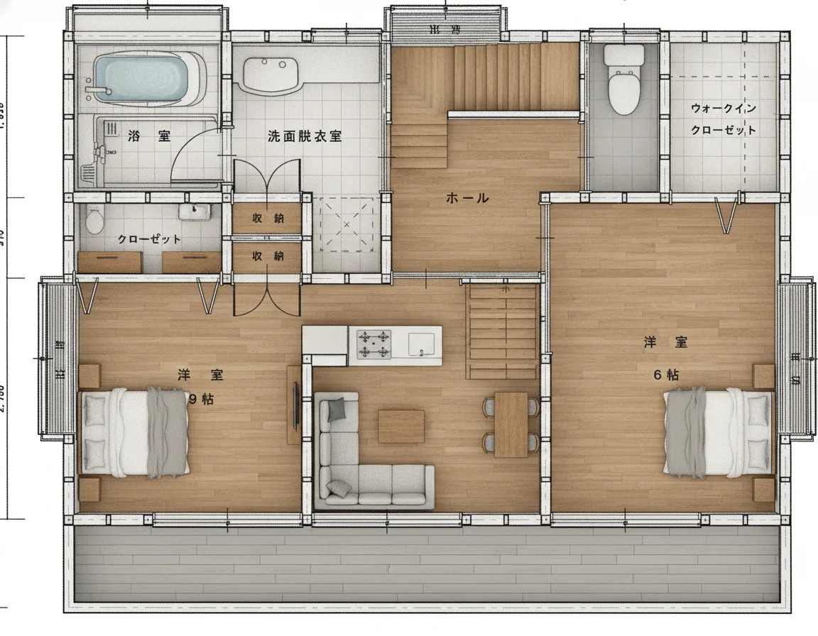 27.04坪 3LDK + ロフト (南玄関) 2F 3Dパース鳥瞰