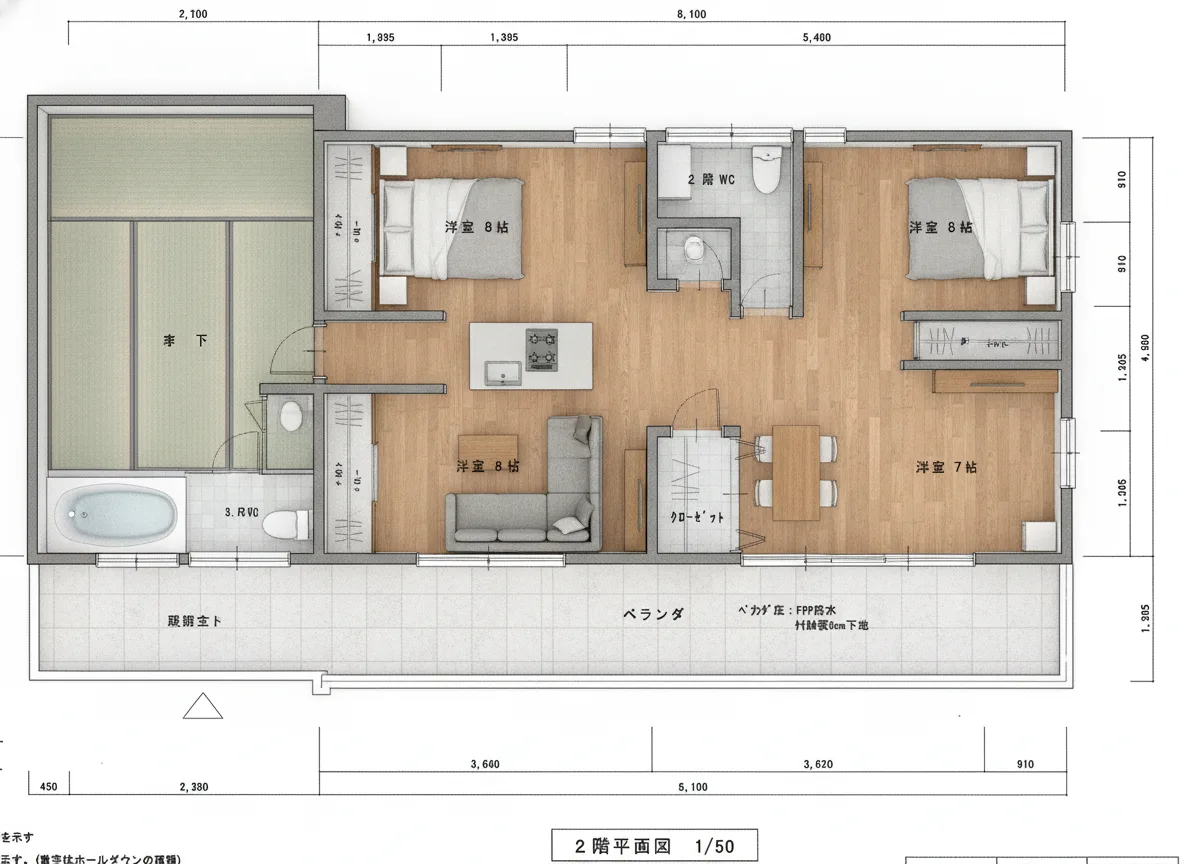 28.8坪 3LDK (東玄関) 2F 3Dパース鳥瞰