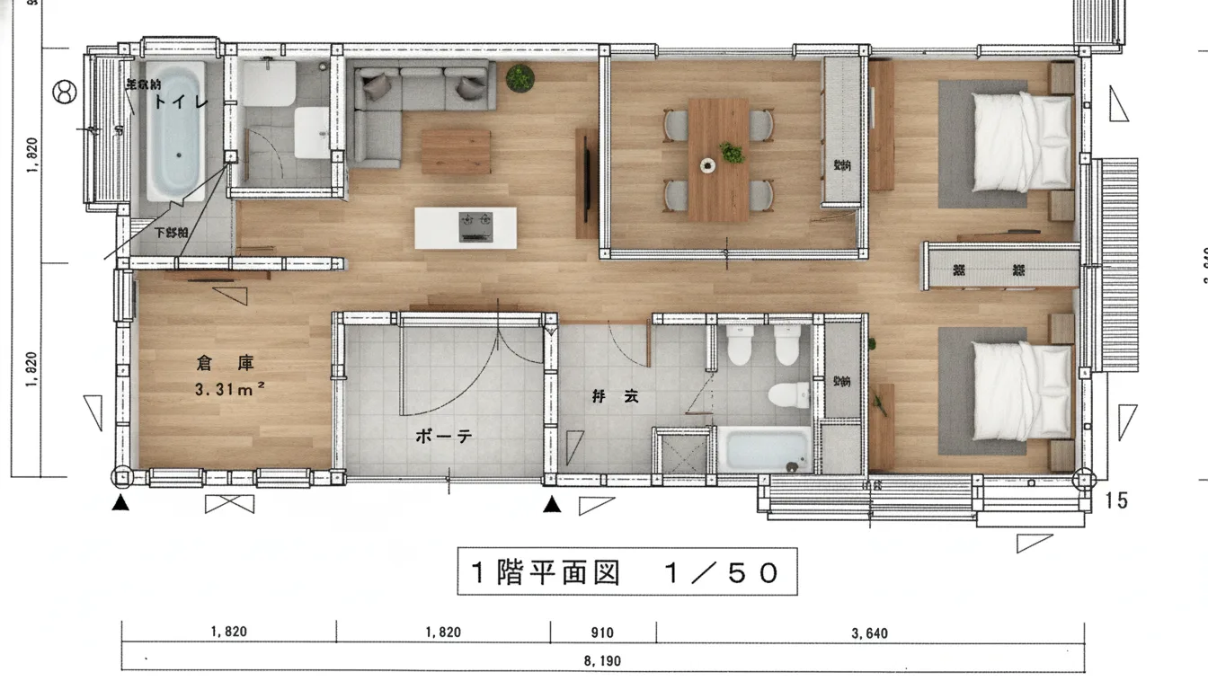 38.82坪 5LDK（LDK、真壁和室8帖、大壁和室8帖、洋室6帖×2）+ 納戸・WIC (西玄関) 3Dパース鳥瞰
