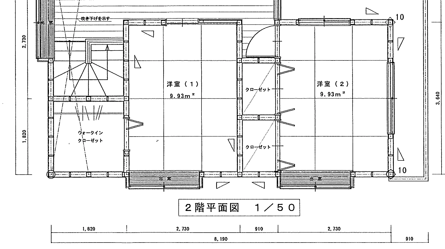 38.82坪 5LDK（LDK、真壁和室8帖、大壁和室8帖、洋室6帖×2）+ 納戸・WIC (西玄関) 2F 平面図原本