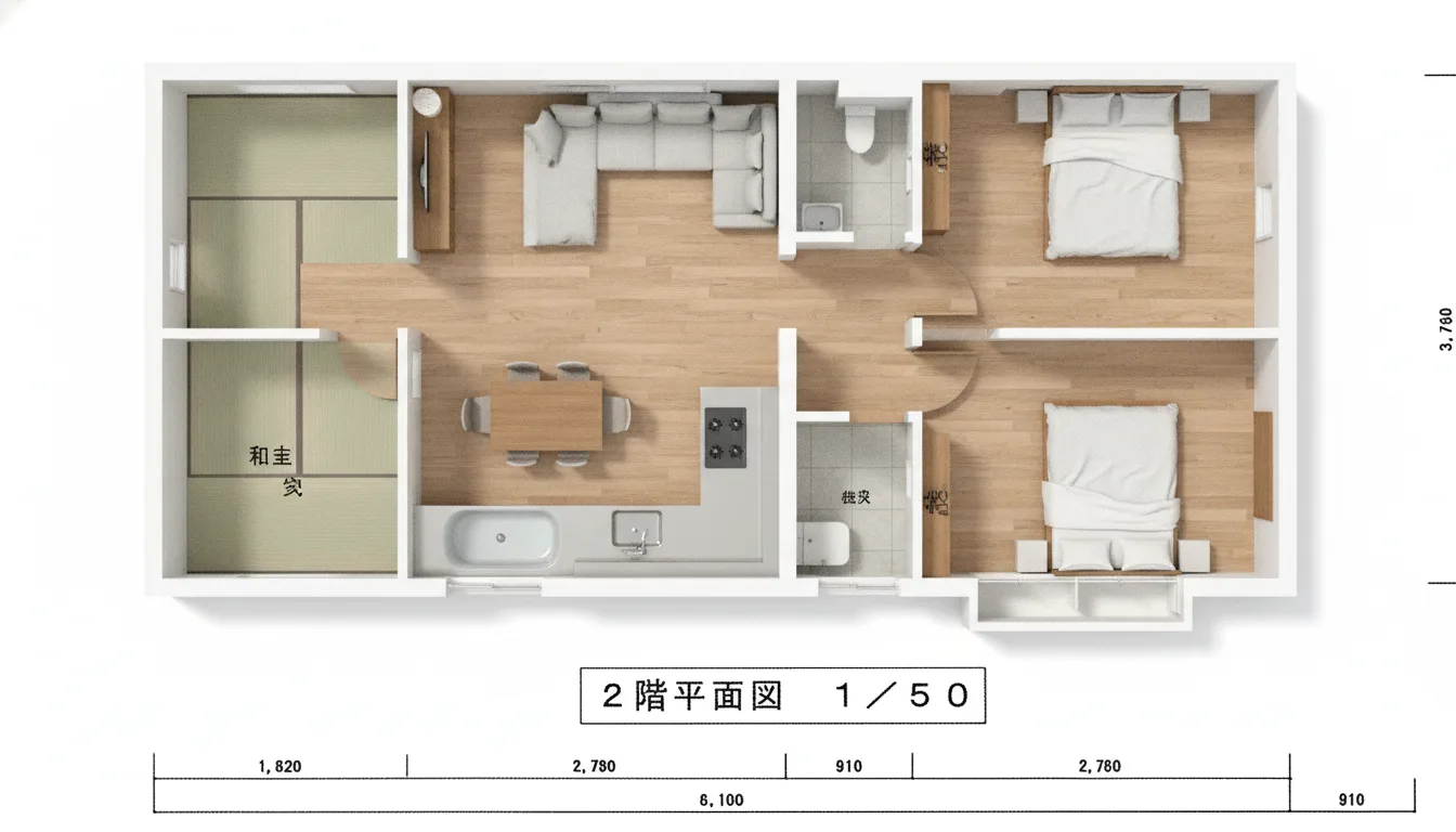 38.82坪 5LDK（LDK、真壁和室8帖、大壁和室8帖、洋室6帖×2）+ 納戸・WIC (西玄関) 2F 3Dパース鳥瞰
