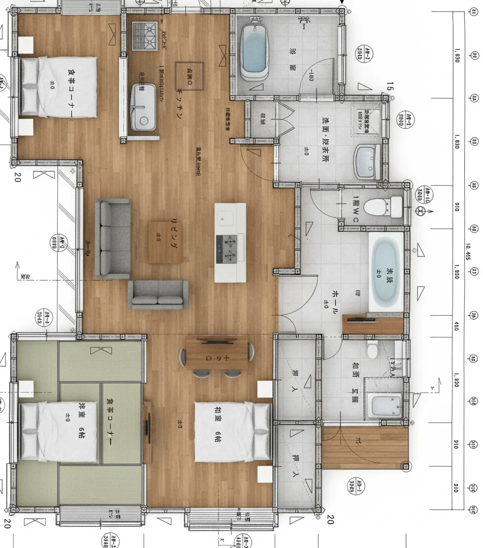 36.7坪 5LDK（和室6帖 + 洋室4部屋） (北玄関) 3Dパース鳥瞰