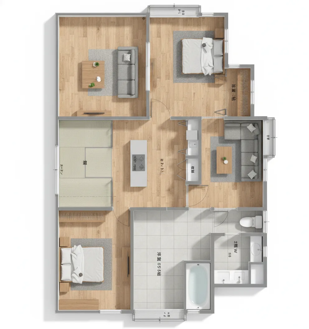 36.7坪 5LDK（和室6帖 + 洋室4部屋） (北玄関) 2F 3Dパース鳥瞰