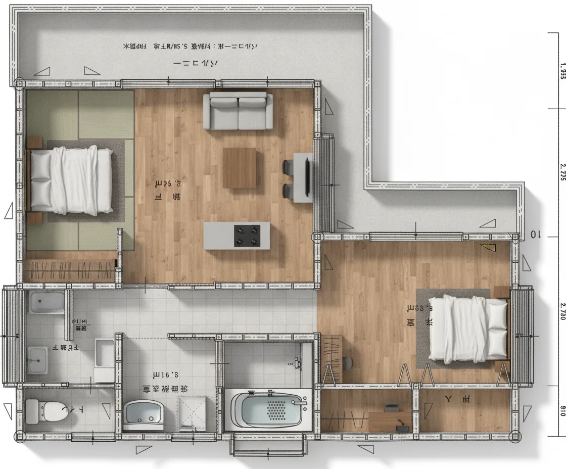 30.05坪 3LDK + 和室6帖 + 納戸 (西玄関) 2F 3Dパース鳥瞰