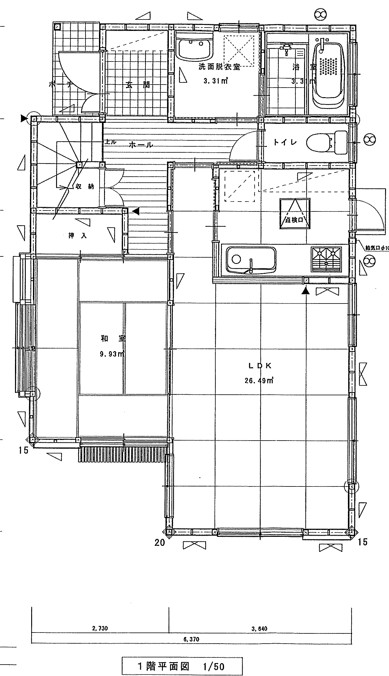 30.3坪 3LDK + 和室6帖 (北玄関) 1F 平面図原本