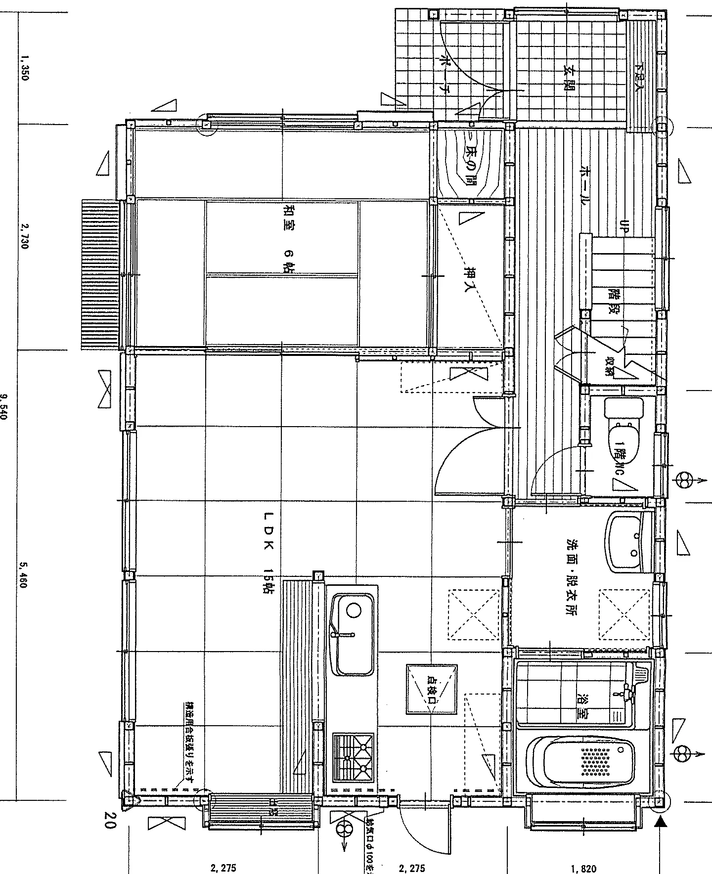 30.04坪 3LDK（LDK 15帖、和室 6帖、洋室 7.5帖、洋室 12帖） (北玄関) 1F 平面図原本