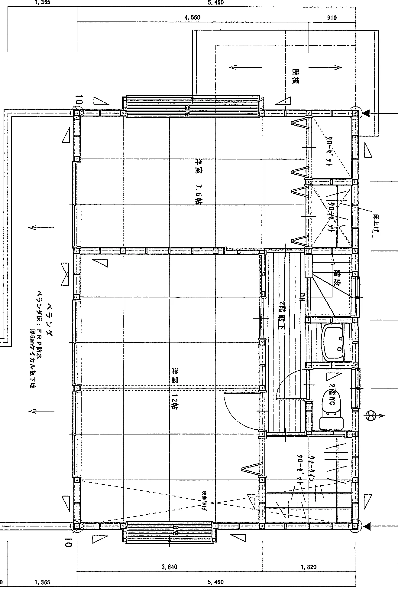 30.04坪 3LDK（LDK 15帖、和室 6帖、洋室 7.5帖、洋室 12帖） (北玄関) 2F 平面図原本