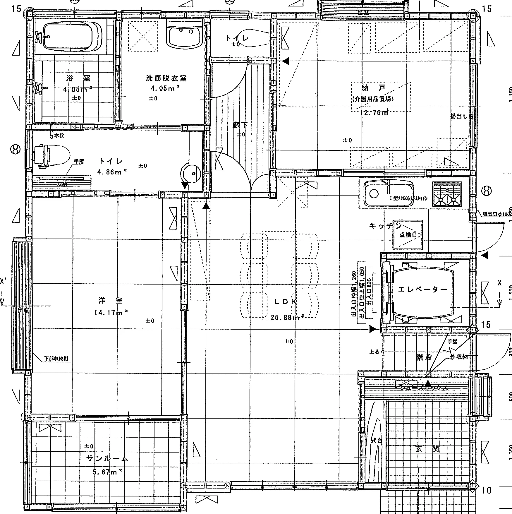 48.2坪 4LDK + サンルーム + 納戸 (南玄関) 1F 平面図原本