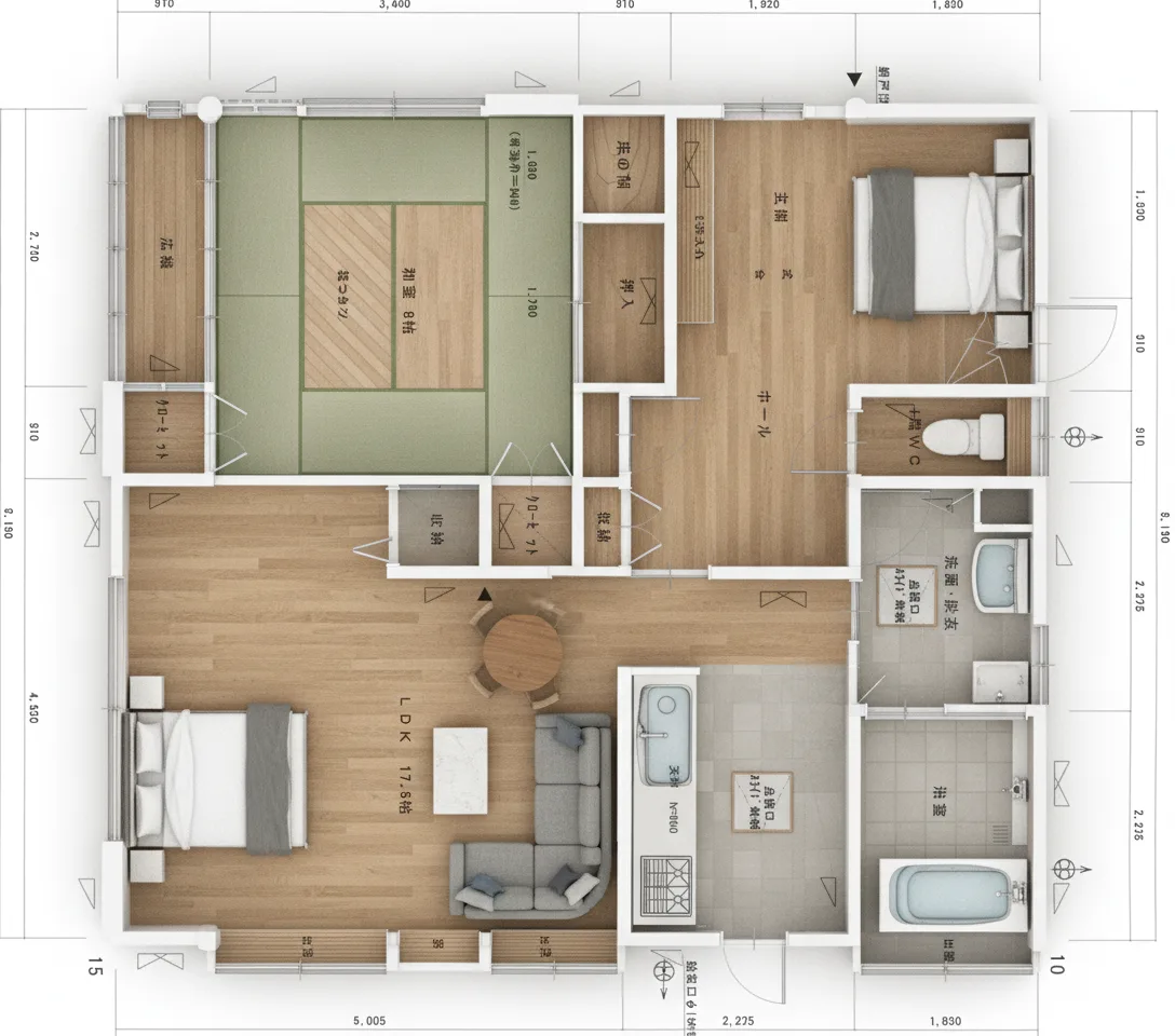 41.82坪 4LDK + 小屋裏収納 (北玄関) 3Dパース鳥瞰