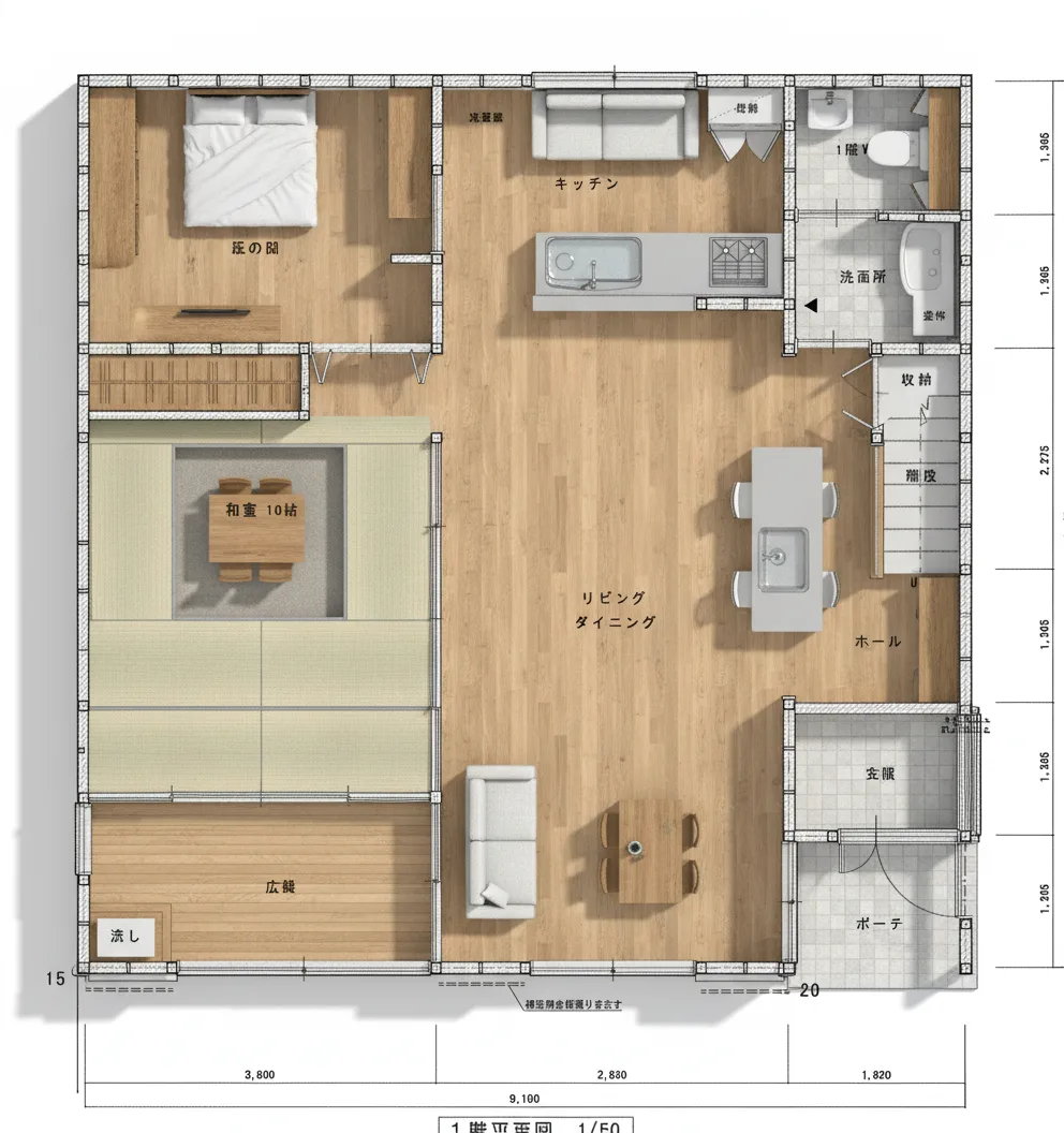 41.82坪 3LDK + 納戸 + 小屋裏収納 (北玄関) 3Dパース鳥瞰