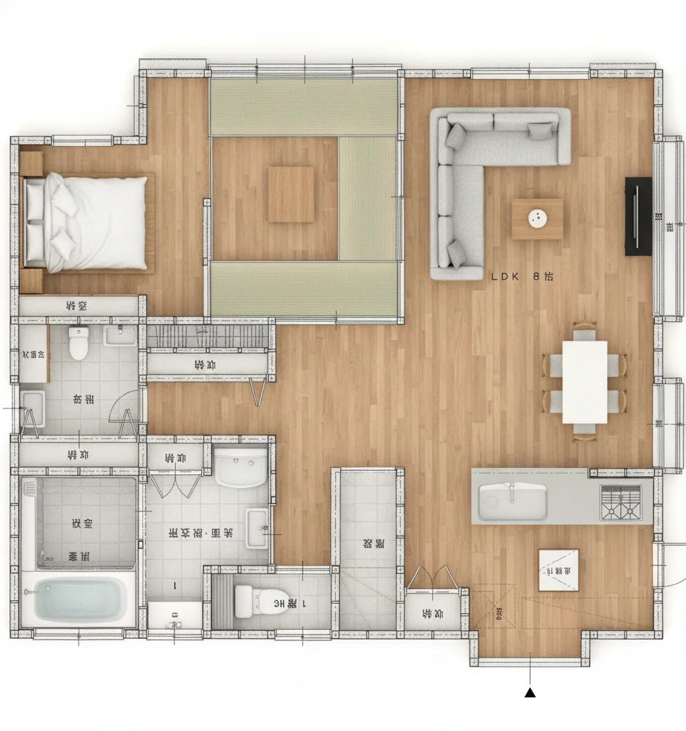 36.99坪 3LDK + ロフト（和室8帖、洋室12帖、洋室11.5帖） (南玄関) 3Dパース鳥瞰