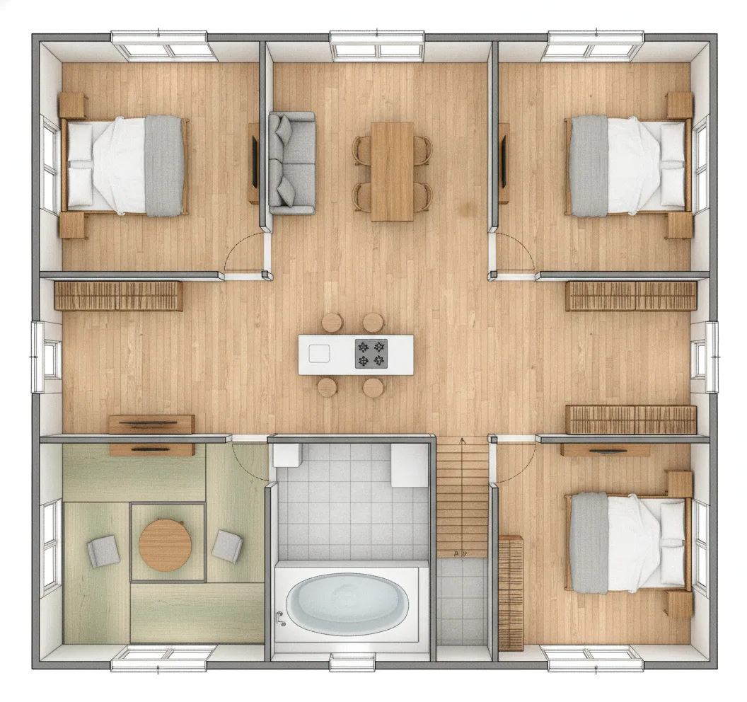 36.99坪 3LDK + ロフト（和室8帖、洋室12帖、洋室11.5帖） (南玄関) 2F 3Dパース鳥瞰