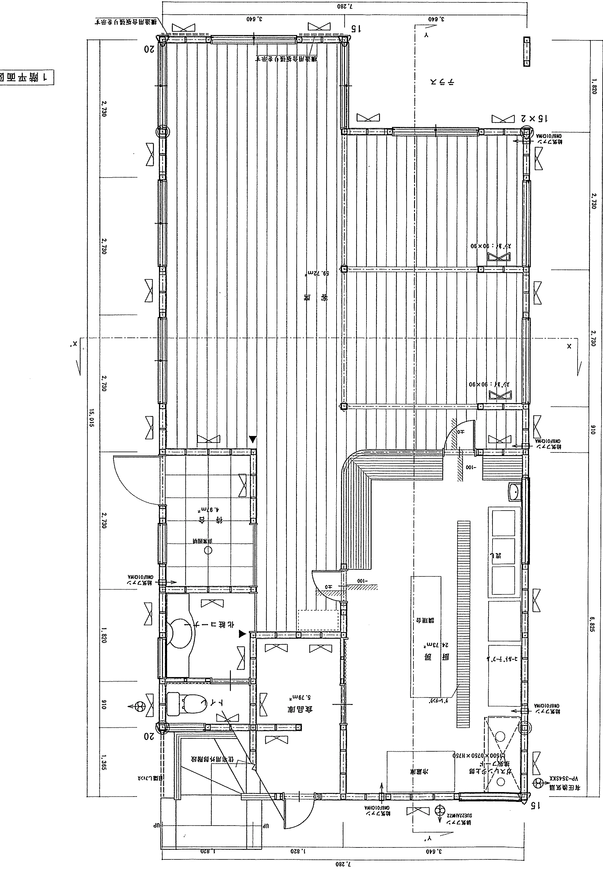 72.7坪 店舗（客席・厨房・待合）+ 3LDK（2F: L・D、和室 / 3F: 洋室1、洋室2） (東玄関) 1F 平面図原本