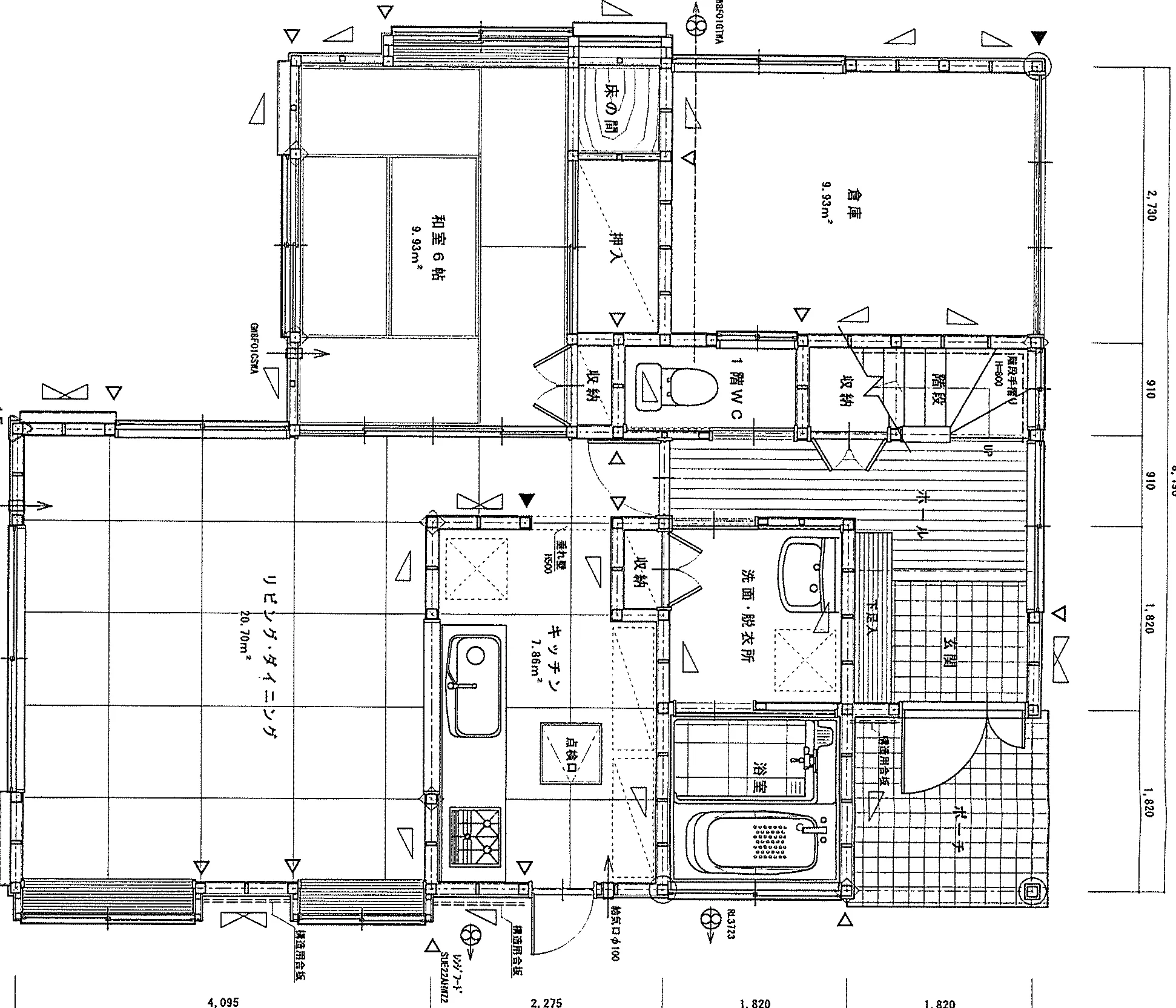 37.32坪 4LDK + 書斎 + 倉庫 (北玄関) 1F 平面図原本