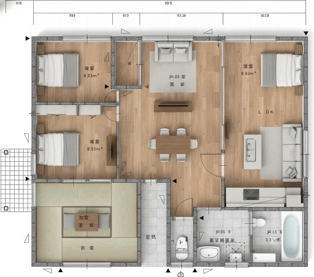 20.03坪 3DK (西玄関) 3Dパース鳥瞰