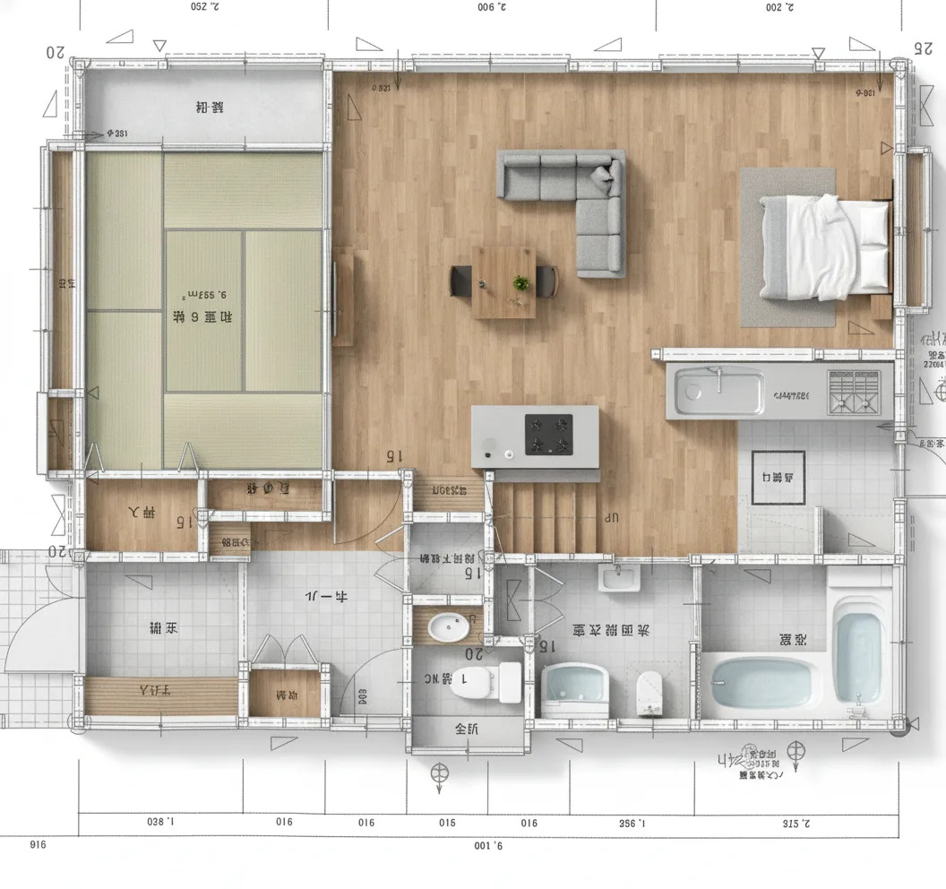 35.06坪 3LDK + 和室6帖 + 納戸 + 小屋裏物置 (東玄関) 3Dパース鳥瞰