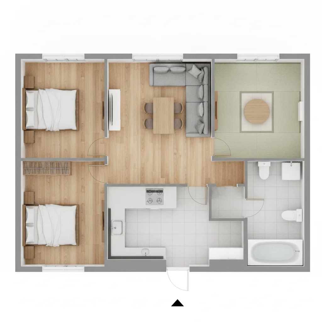 35.06坪 3LDK + 和室6帖 + 納戸 + 小屋裏物置 (東玄関) 2F 3Dパース鳥瞰