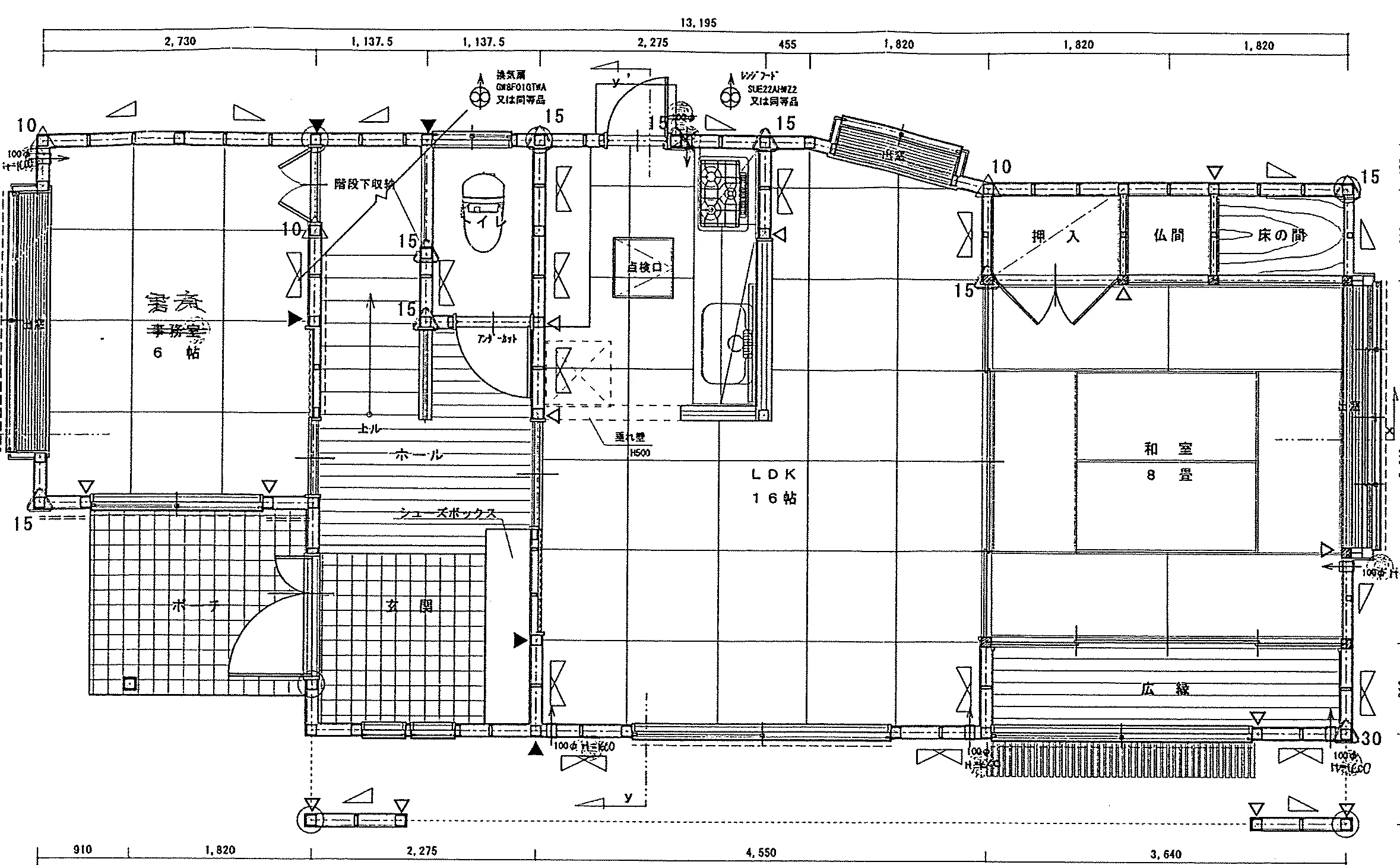 35.81坪 3LDK（洋室15.75帖、和室8帖、事務室6帖、LDK16帖） (北玄関) 1F 平面図原本