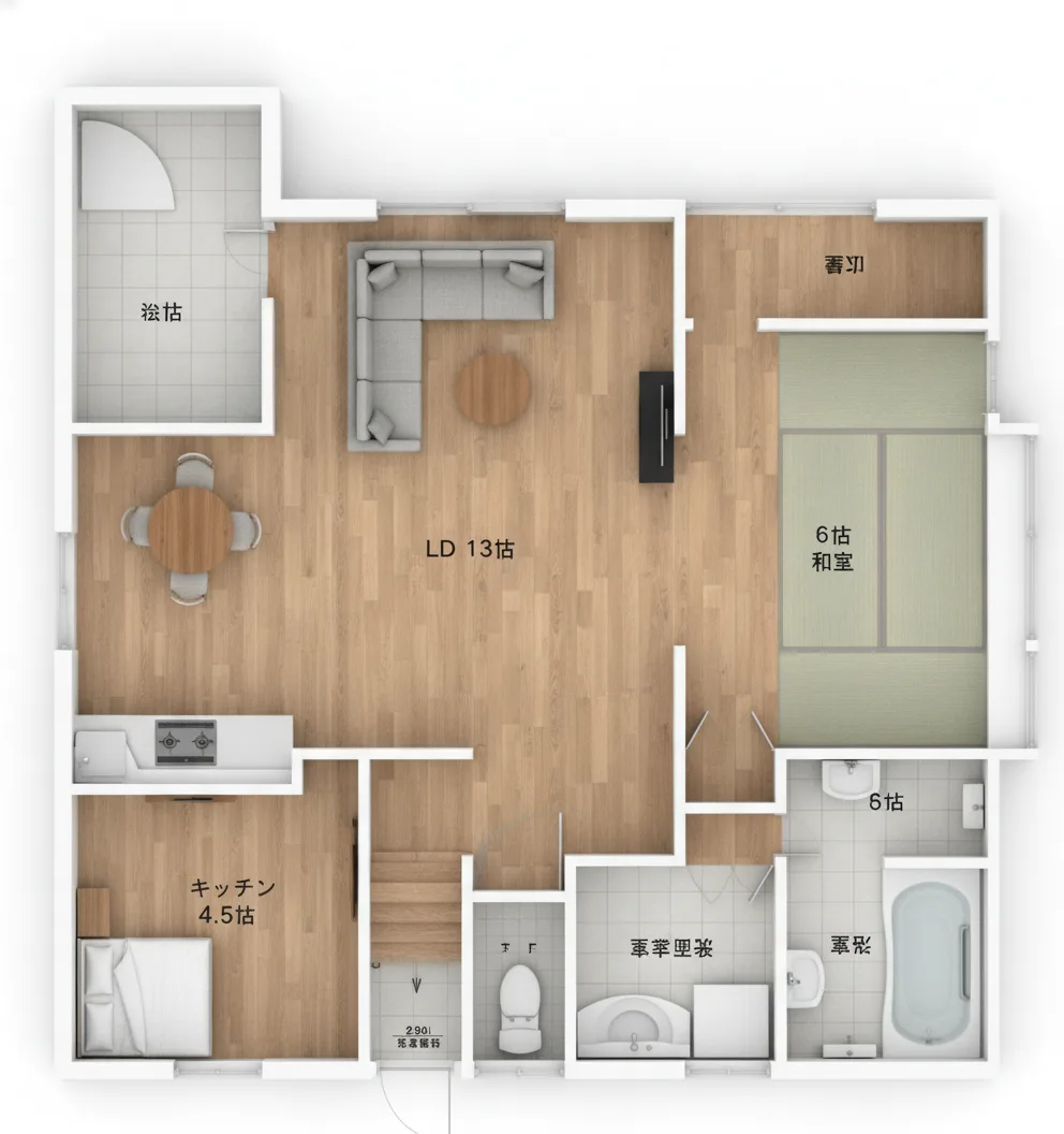 31.55坪 4LDK + 和室6帖 + 和室7.5帖 + 洋室6帖 + 洋室6帖 (東玄関) 3Dパース鳥瞰