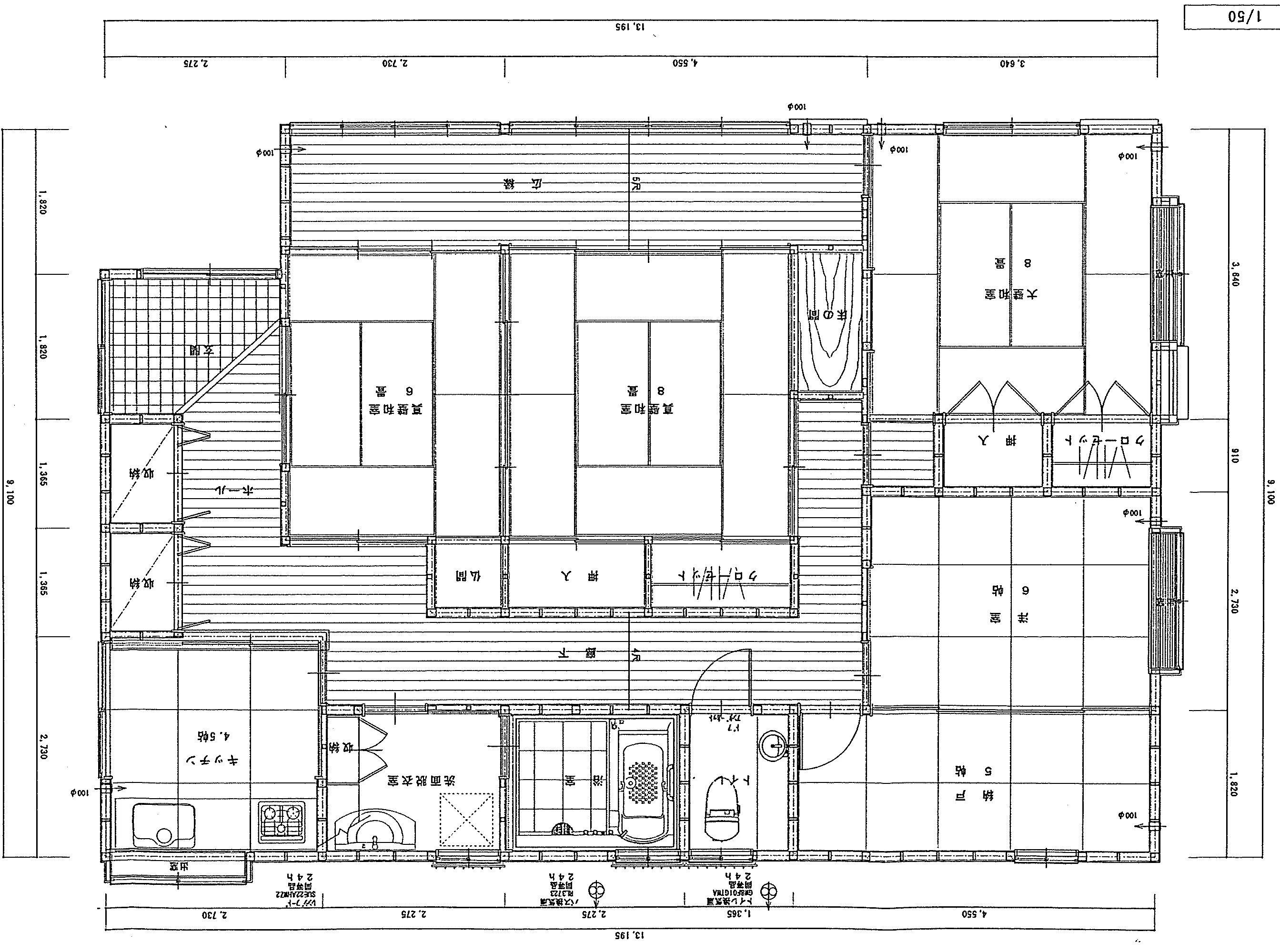 35.06坪 和室8帖×3 + 洋室6帖 + 納戸5帖 + K4.5帖 (東玄関) 1F 平面図原本