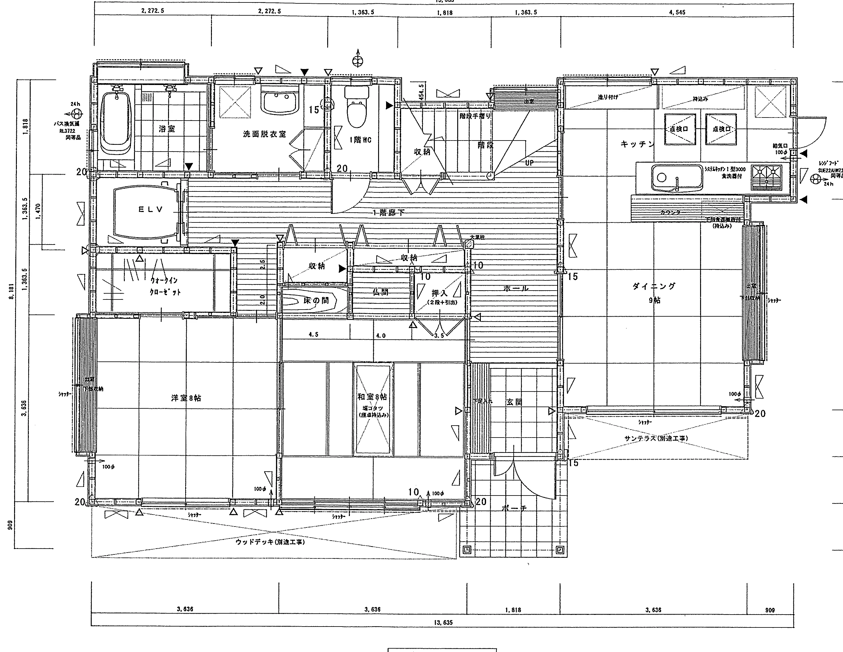 51.92坪 1F: DK9帖+洋室8帖+和室8帖 (南玄関) 1F 平面図原本