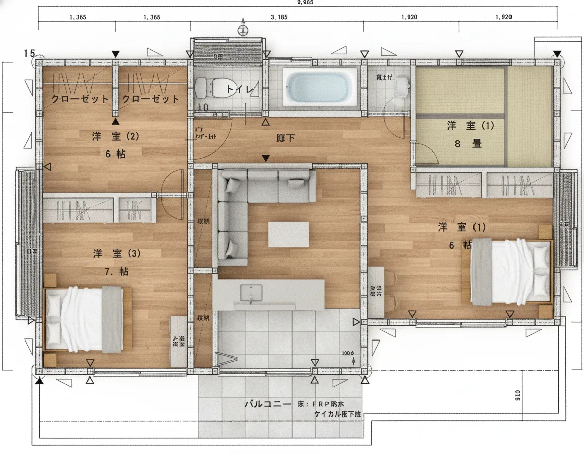 32.34坪 4LDK (東玄関) 2F 3Dパース鳥瞰