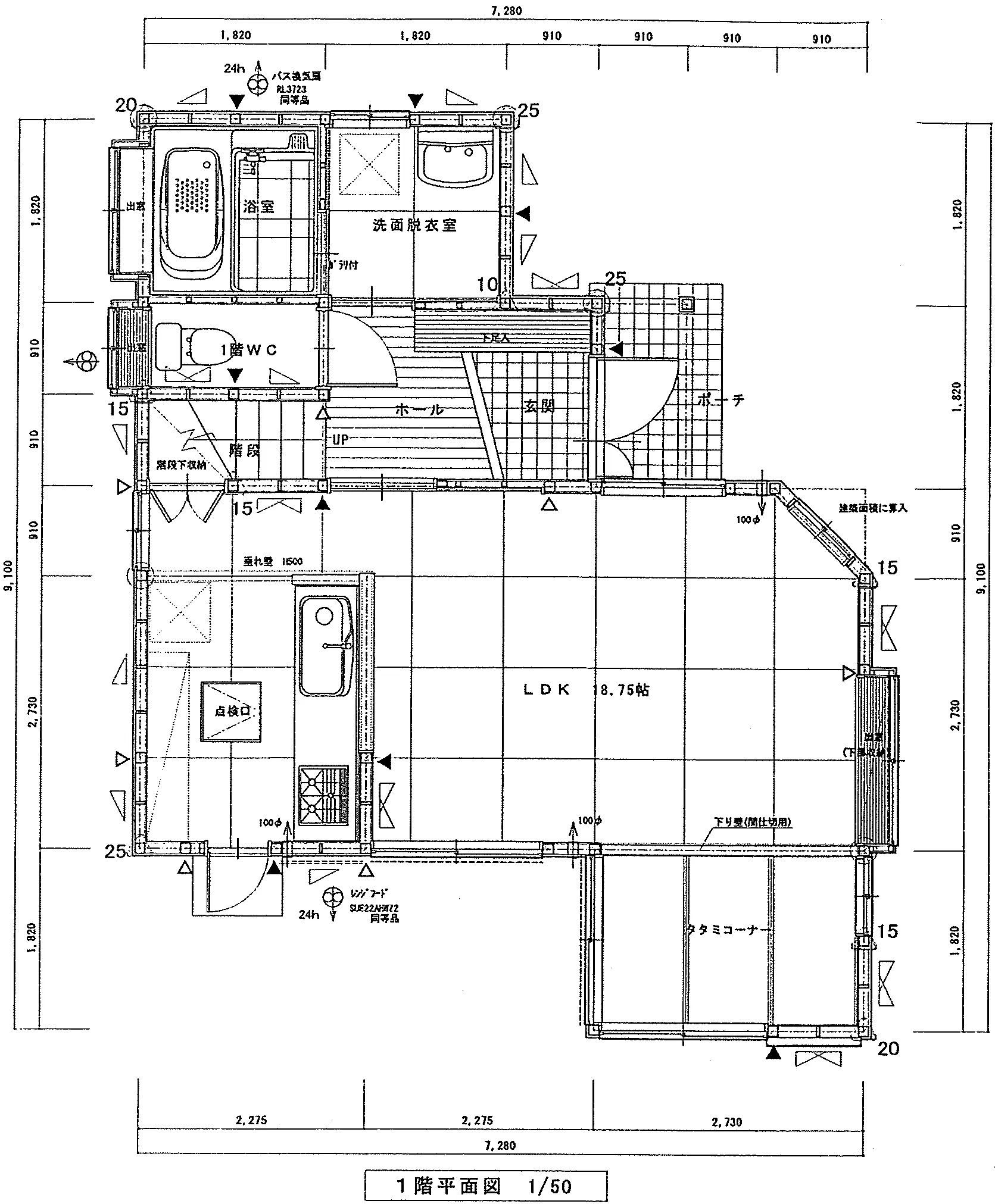 26.42坪 3LDK + タタミコーナー (東玄関) 1F 平面図原本
